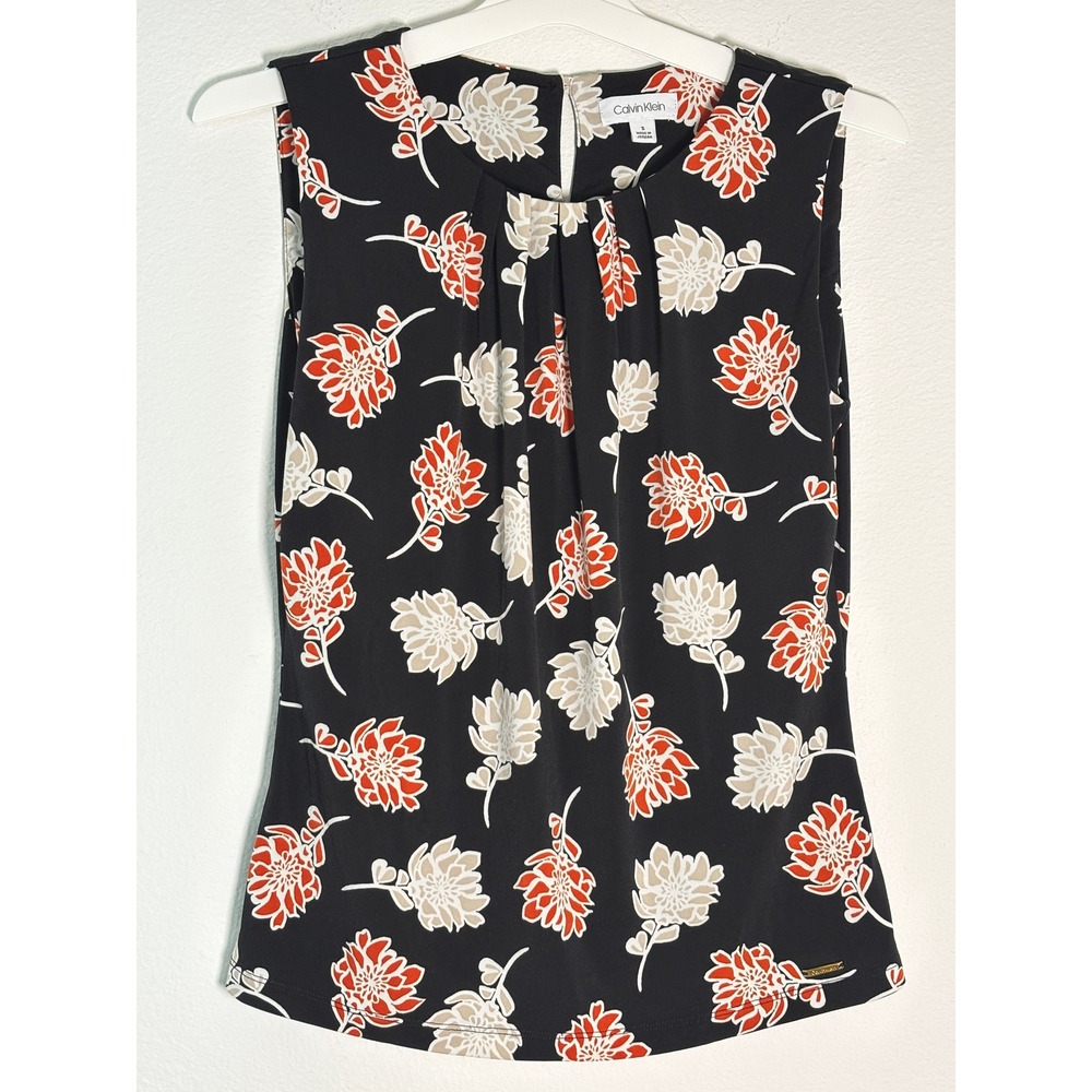 Calvin Klein Womens Small Black Floral Pleated Sleeveless Shell Blouse Top